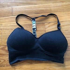 Pink black sports bra, built in cups, no cup pads